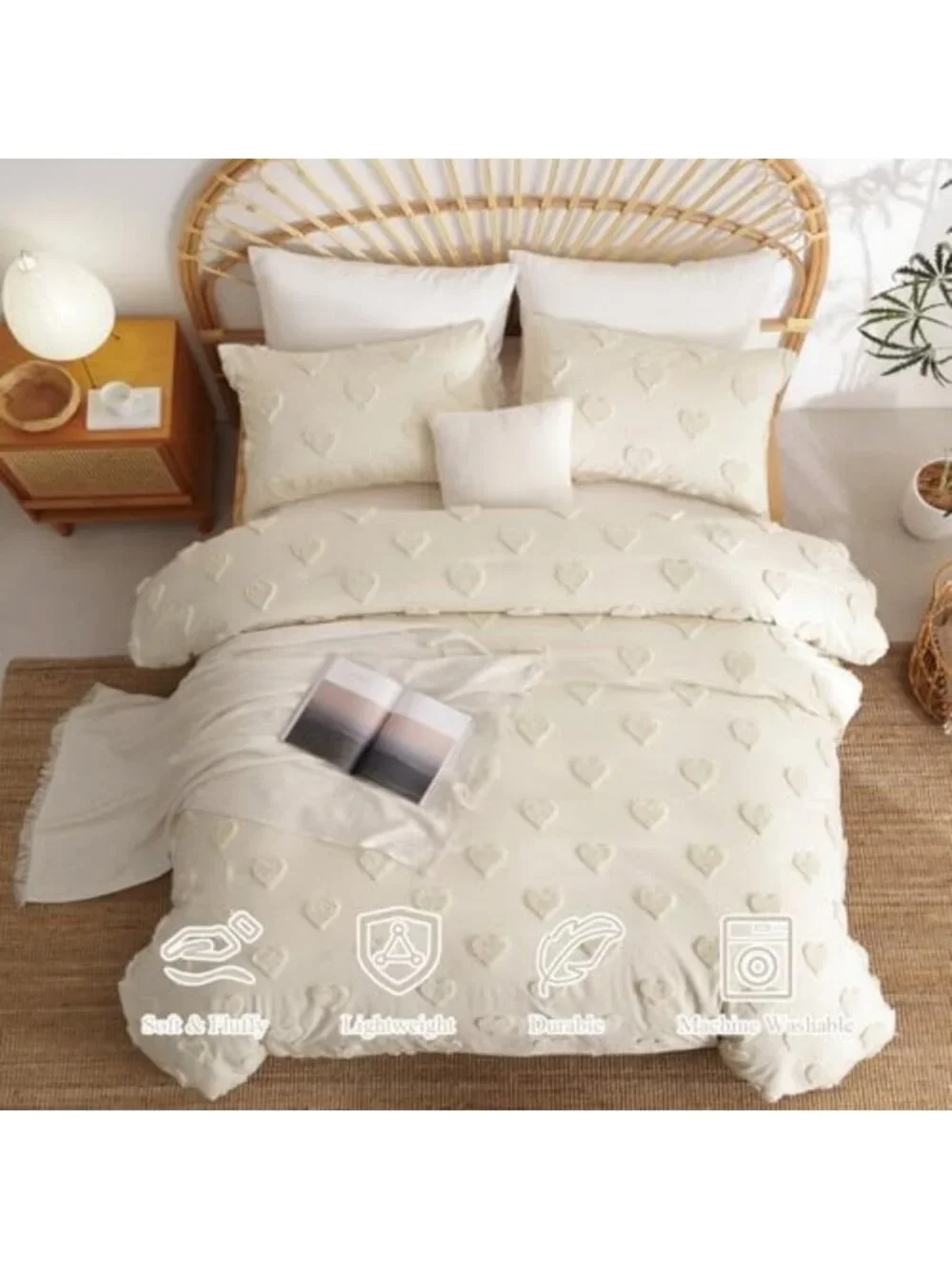 Queen Boho Tufted Comforter Set - Beige Textured Bedding, 3-Piece Farmhouse Chic